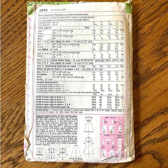 Vintage 1970s Simplicity 5993 Sewing Pattern Toddler Sz 3 Dress Smock Top & Pant - Picture 2 of 2